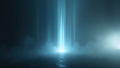 Obraz premium Abstract blue light beams emerge from misty ground. Light rays ascend into darkness, creating mysterious atmosphere. Dark backdrop with glowing vertical lines.