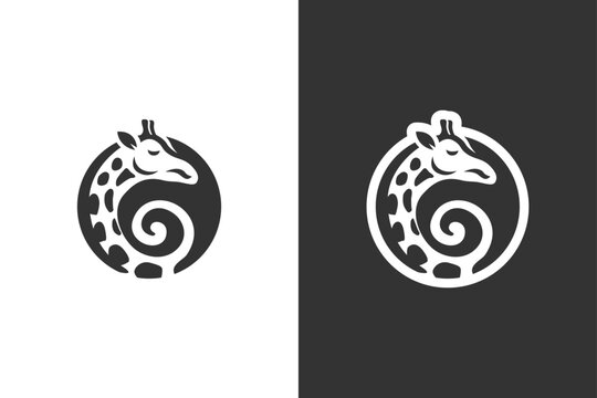 A minimalist, abstract logo featuring a giraffes head within a circular frame