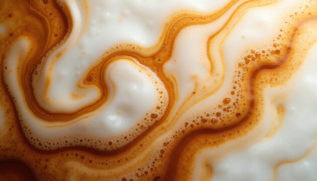 Abstract macro view of coffee and milk foam swirl pattern. Bubbles on surface create dynamic texture. Creamy latte art design is brown and white.