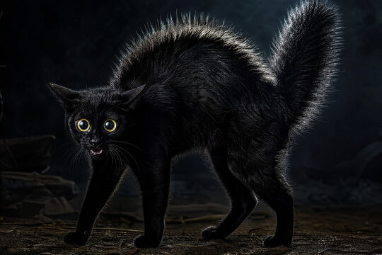 Scared black cat arching its back with wide eyes and fluffy tail in Halloween style spooky background