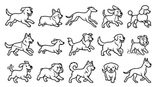 Set of various dog breeds running