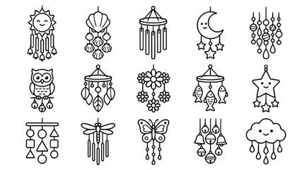 Obraz premium Outline hanging chimes and decorative ornaments set