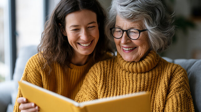 Intergenerational pair of adult daughter and elderly mother in a bright modest home reviewing a paper texture scrapbook of family history with gentle emotional connection