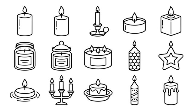 Set of diverse burning candles line icons