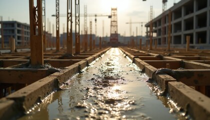 Obraz premium Sunlight hits wet concrete in wooden forms on a construction site. Cranes and building shells rise in background. Evening light on new foundation. Progress, development.