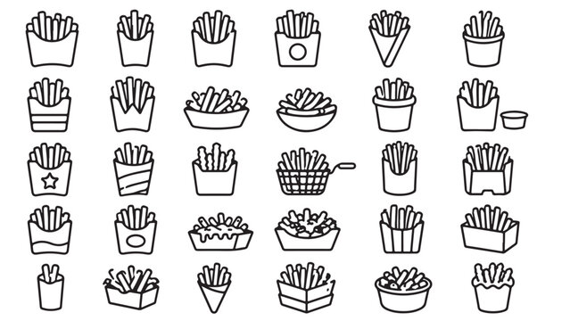 French fries line icon set. Fries box, potato snack, fast food side dish, dipping sauce outline vector illustrations. Symbols for restaurant menus on white background.