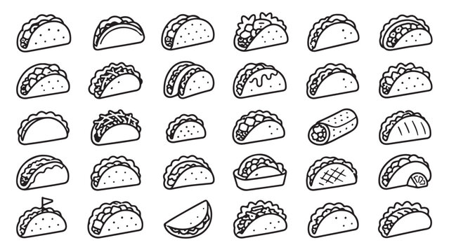 Taco line icon set. Mexican food, tortilla, folded taco shell, meat, cheese, vegetable filling outline vector illustrations. Symbols for restaurant menus on white background.