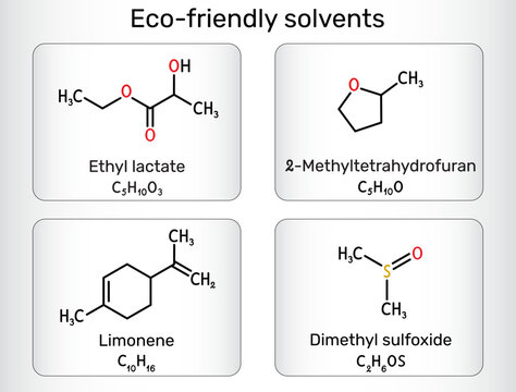 Green eco-solvents molecules of ethyl lactate, dimethyl sulfoxide (DMSO), limonene, 2-MeTHF ( 2-Methyltetrahydrofuran) used as greener alternatives in industry