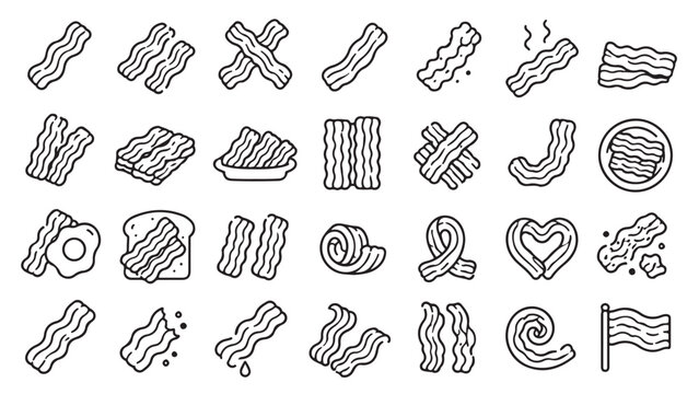 Bacon strip line icon set. Crispy bacon, meat slices, breakfast rashers outline vector illustrations. Signs for breakfast and food menu on white background.