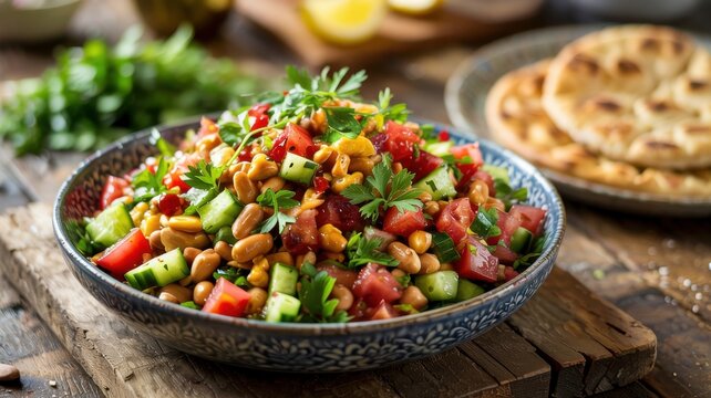Egyptian cuisine. Classic Egyptian salad &mdash; Vegetable salad with fava beans and peanuts (Salata Ful wa Sudani).