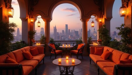 Obraz premium Terrace lounge with orange sofas and city skyline views at sunset. Candles glow on tables. Arched entryway frames distant skyscrapers. Evening ambiance.
