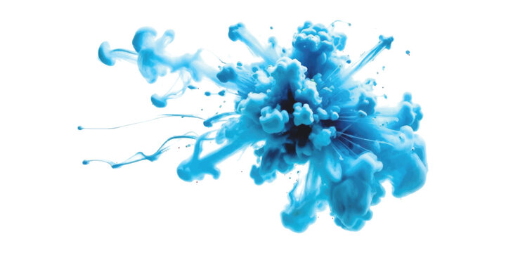 Blue ink drop splashing and swirling in water creating a beautiful artistic abstract cloud shape