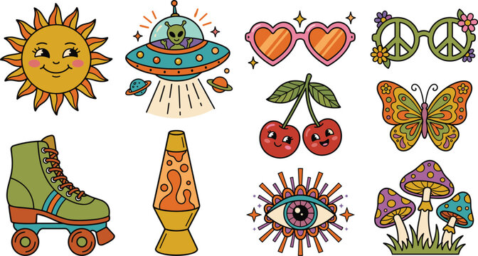 Retro Groovy 70s Hippie Sticker Set with Sun UFO Alien Sunglasses Cherry Rollerskate Lava Lamp Eye and Mushroom Vector Illustration