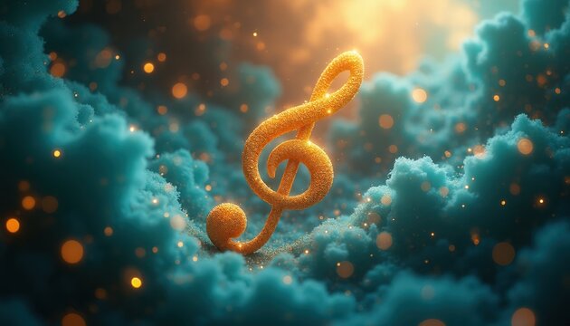 Golden treble clef floats in dreamy turquoise clouds with sparkling golden dust. Abstract fantasy art shows magical music dreams. Elegant melody celebration concept.