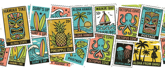 Vintage Hawaii Tropical Postage Stamps Collection Illustration © Anzuman