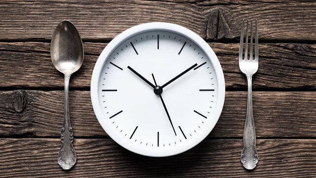 White clock face with spoon and fork on wooden background