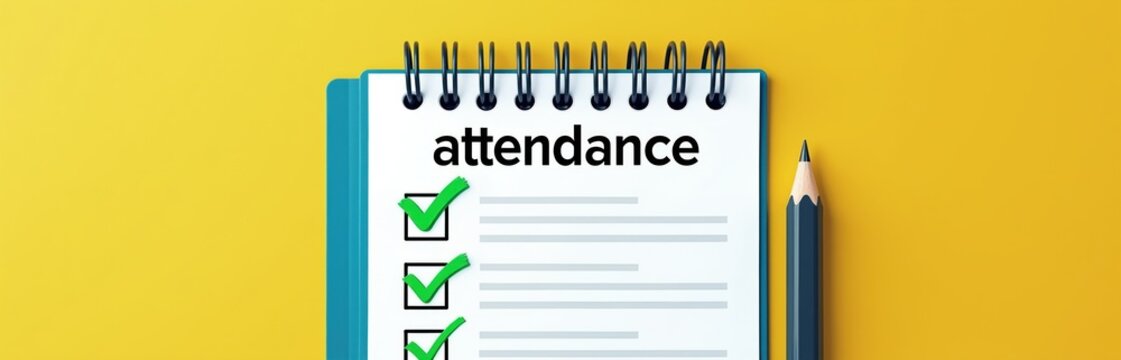 Open notepad shows attendance list with green check marks. Pencil lies on yellow background. Concept of task completion, verification, or success in managing entries.