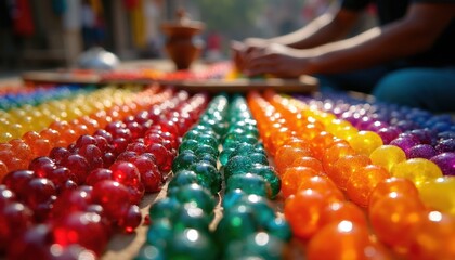 Fototapeta premium Rows of colorful glass beads arranged by shade on table. Artisan works with beads in blurred background under natural light. Craftsman creates jewelry or decorative items with tiny shiny spheres.