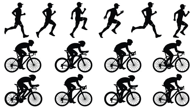 A detailed vector illustration set featuring silhouettes of active athletes running and cycling in motion
