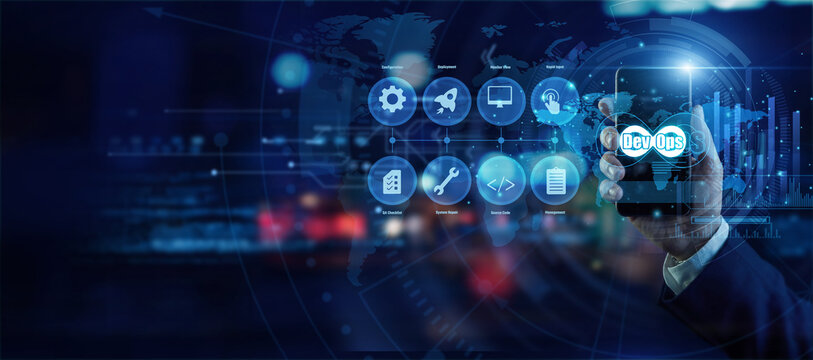 Senior deployment engineer holding a mobile phone analyzing global DevOps data on a holographic world map. Futuristic technology, secure network connections, and advanced data visualization.