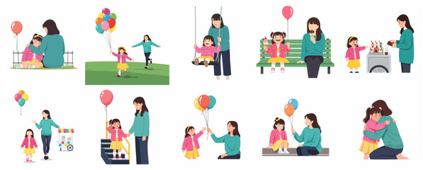 Fototapeta premium Mother and Daughter Bonding Illustration Set, Happy Family Activities, Parenting Moments, Childhood Memories, and Emotional Support Flat Vector Graphic