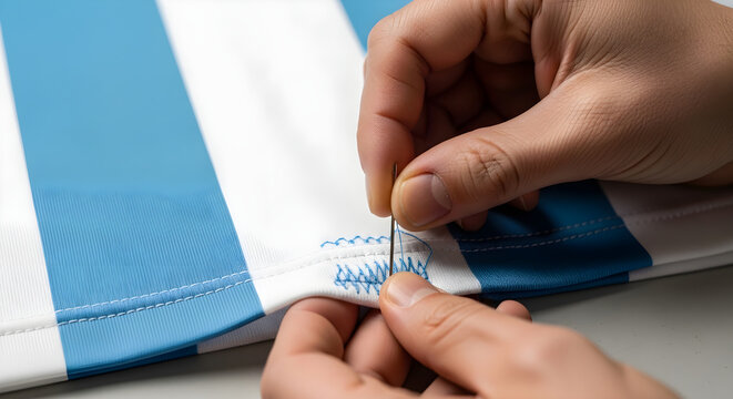 Hands sewing a torn French flag, repairing a damaged national symbol.