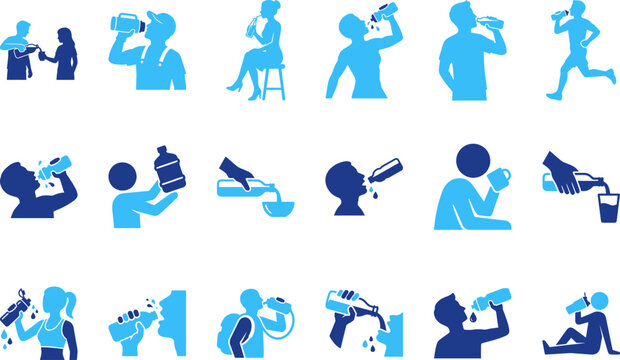 Collection of blue and light blue simple icons representing people drinking and staying hydrated for health and sports.