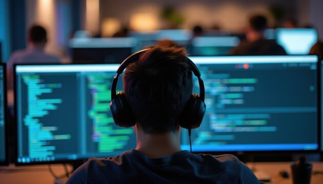 Person with headphones works on computer code. Multiple screens show programming text in dark office. Man types on keyboard, focused on software development task.