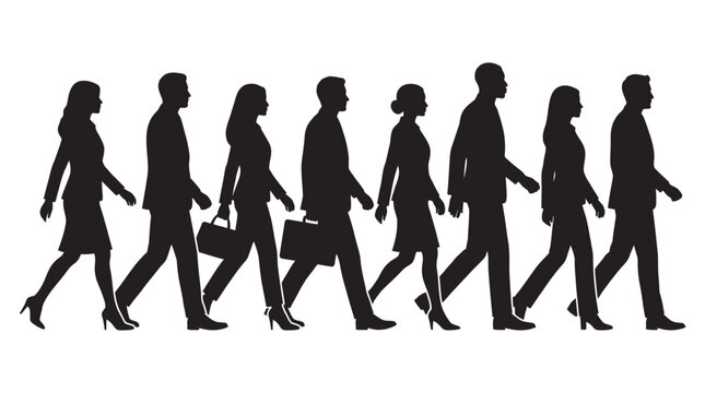 A professional vector illustration showing a diverse group of business people walking in a line