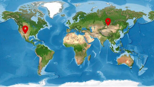 Global travel route animation on world map with location pins and destination connection