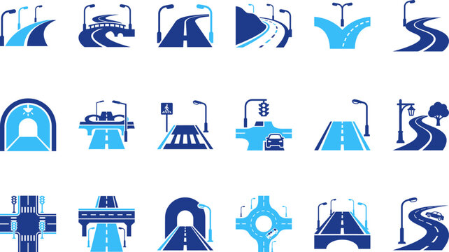 Collection of blue road and highway icons with bridges tunnels and traffic signals.