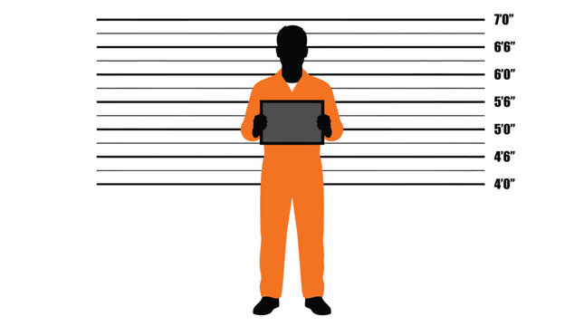 A flat vector illustration of a criminal suspect in orange jumpsuit holding a blank placard