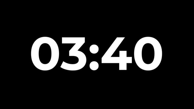 4 minutes Digital countdown 240 seconds. Five minute countdown timer animation on transparent background un black background