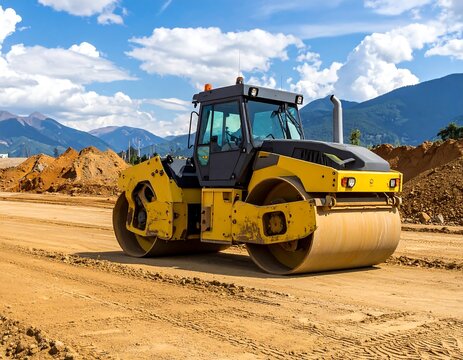 Large yellow construction roller on a dirt road, mountains in background