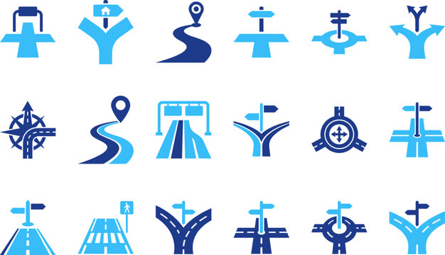 Collection of blue road junction and navigation signs for travel and route planning.