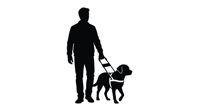 Minimalist black vector illustration showing a blind man walking with his trained guide dog companion