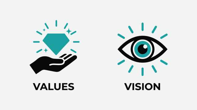Business vision and values icons with hand holding diamond and eye Vector