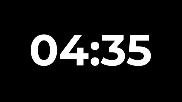 5 minutes Digital countdown 300 seconds. Five minute countdown timer animation on transparent background un black background