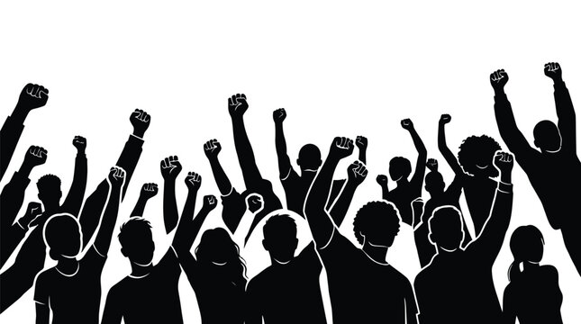 A black silhouette vector illustration of a diverse crowd of people raising fists in protest