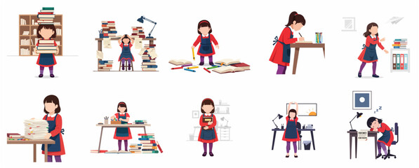 Fototapeta premium Collection of a young schoolgirl student characters in various study situations, reading, writing, feeling stressed, and sleeping at the desk, flat vector illustration