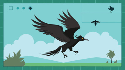 Obraz premium Raven bird in flight over a stylized landscape during daytime with graphic elements