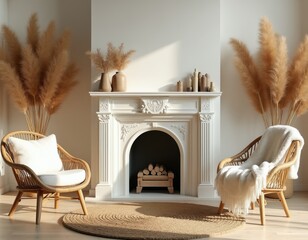 Obraz premium Bohemian living room features fireplace with logs. Two wicker chairs with soft throws sit near large pampas grass bouquets. Neutral color palette creates calm atmosphere. Natural textures add warmth.