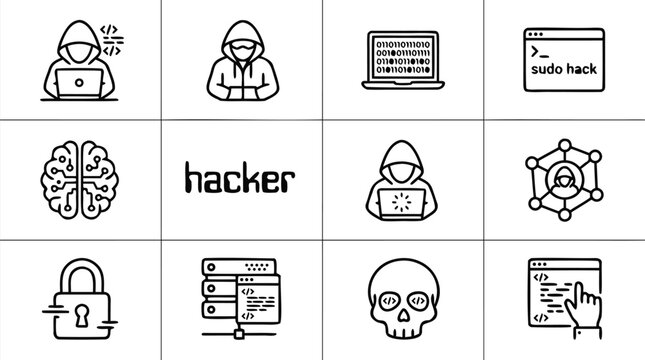 Minimalist black and white vector icon set featuring hacker symbols, hoodies, laptops, and digital code lines in a clean grid layout for cybersecurity, programming, and modern technology design.