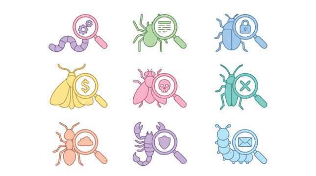 Modern vector icon set of malware, bugs, and computer viruses featuring magnifying glasses and digital threats in a vibrant flat design style with a soft pastel color palette and grid layout.