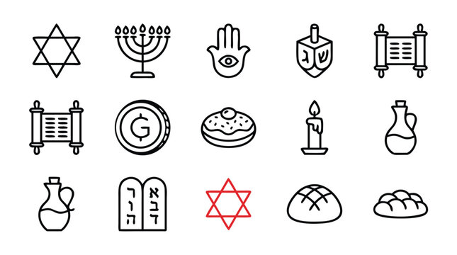 Minimalist Set of 12 Jewish Symbol and Hanukkah Line Icons featuring Menorah, Star of David, Dreidel, Sufganiyot, and Toral Scroll in a Clean Vector Style with Uniform Stroke Width for Designs.
