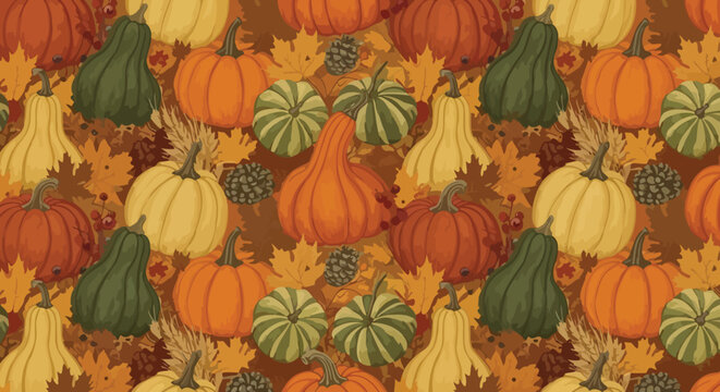 Colorful autumnal pattern with various pumpkins and gourds among fall leaves