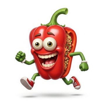 Joyful red bell pepper character running energetically with a wide smile and expressive eyes fun healthy food concept