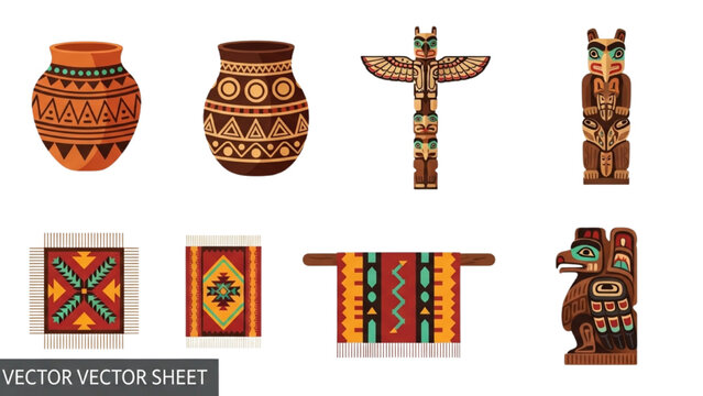 Indigenous Arts and Symbols Vector Icon Sheet with Colorful Tribal Pottery Totem Pole Woven Patterns and Sacred Animal Carving Flat Design Asset Set