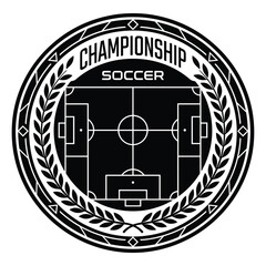 Soccer championship badge vector illustration with tournament football field emblem round circle stamp laurel wreath line art © Md Robin Hasan