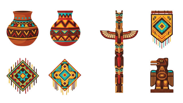 Indigenous Arts and Symbols Vector Icon Sheet with Colorful Tribal Pottery Totem Pole Woven Patterns and Sacred Animal Carving Flat Design Asset Set